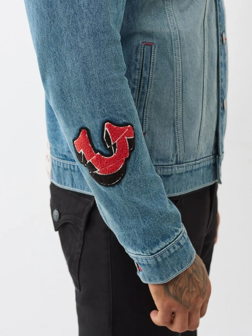 True Religion Light Blue Denim Jacket with Patch Accents